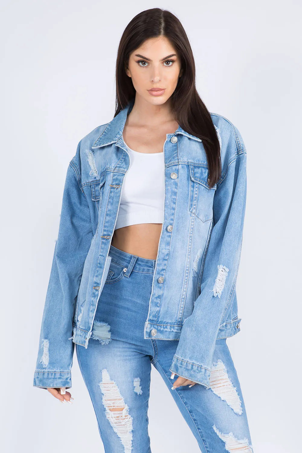 American Bazi Full Size Painted Back Distressed Denim Jacket - Wellen Fashion