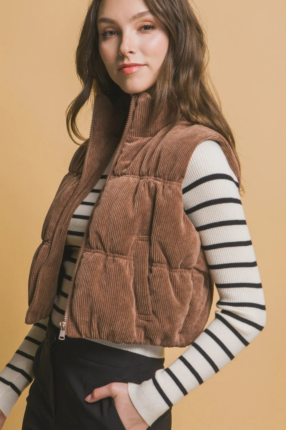 Love Tree Corduroy Zip Up Puffer Vest with Pockets - Wellen Fashion