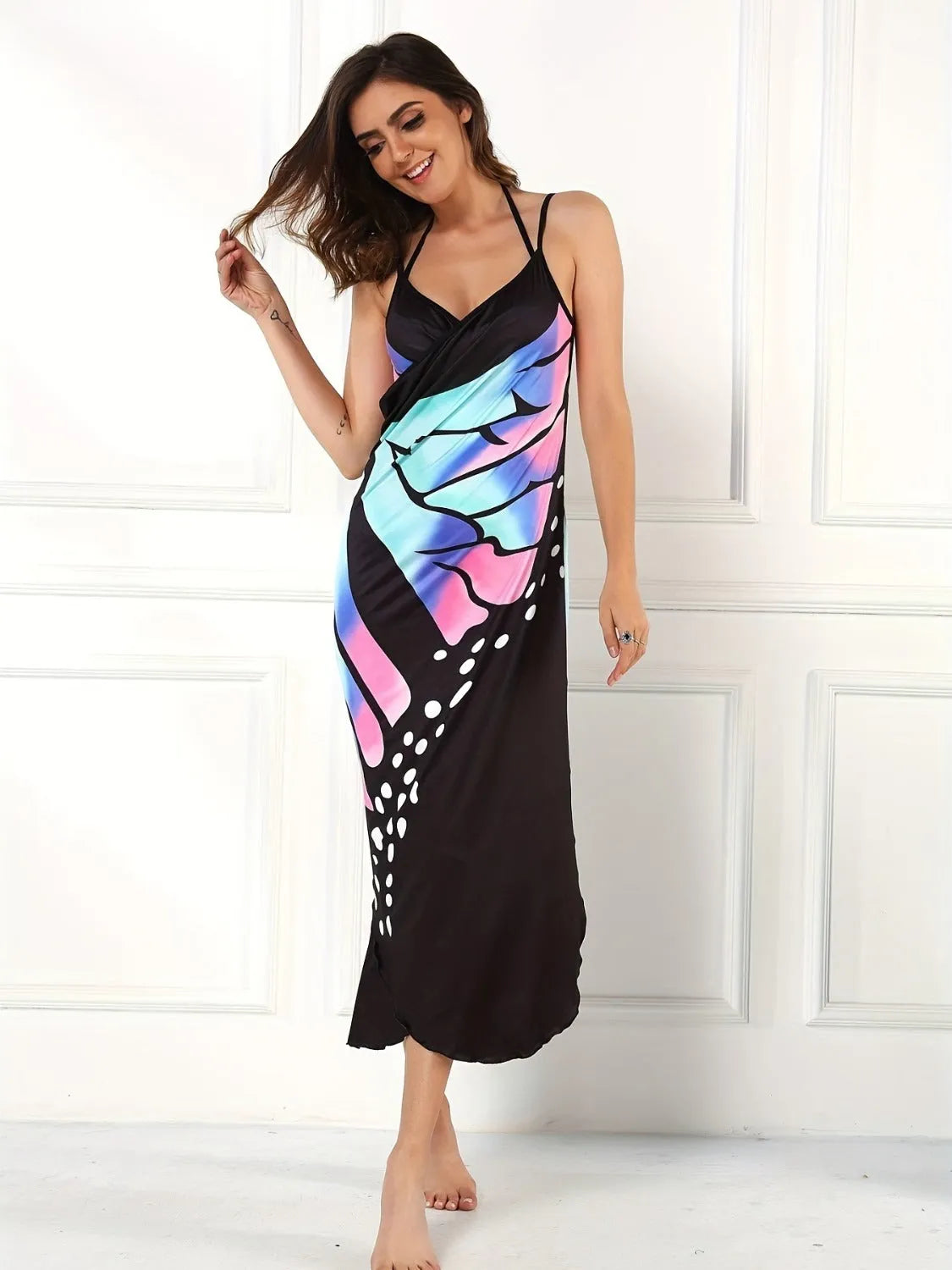 Printed Spaghetti Strap Cover Up - Wellen Fashion