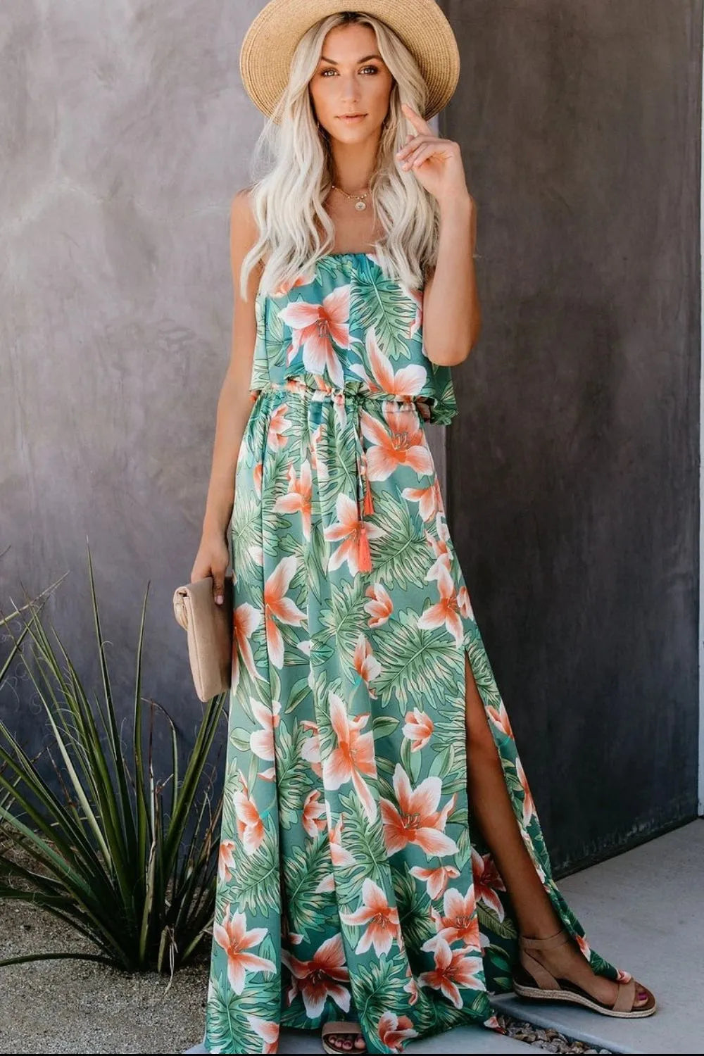 Slit Tropical Sleeveless Tube Dress - Wellen Fashion