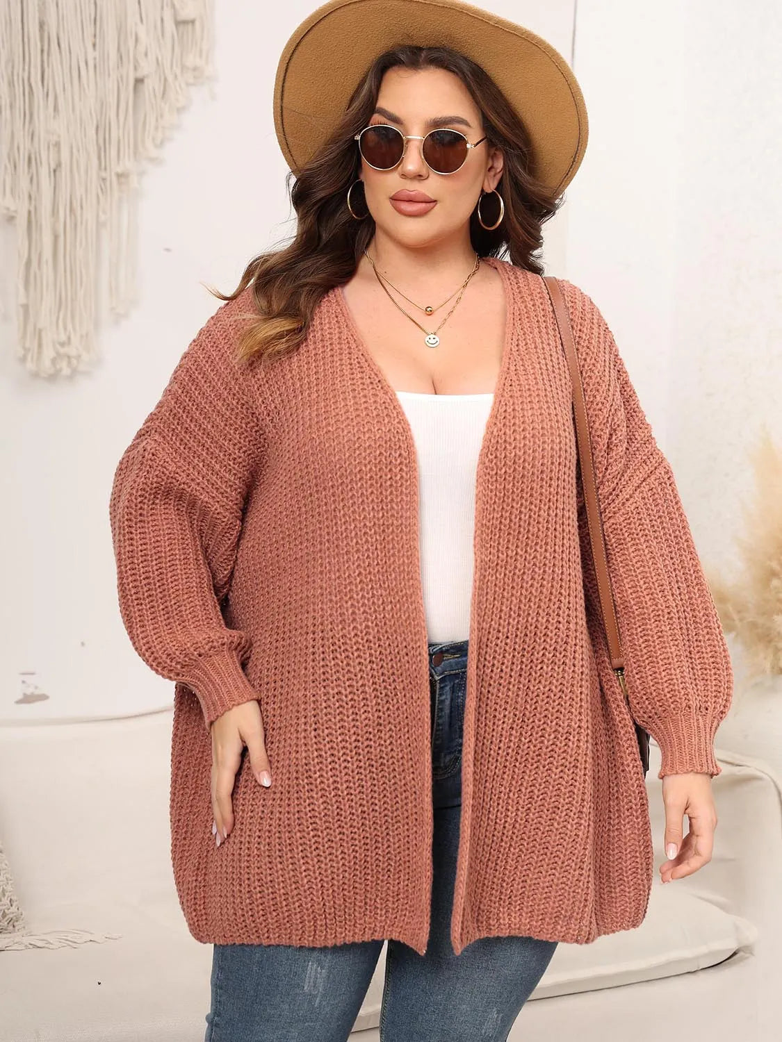 Plus Size Open Front Dropped Shoulder Knit Cardigan - Wellen Fashion