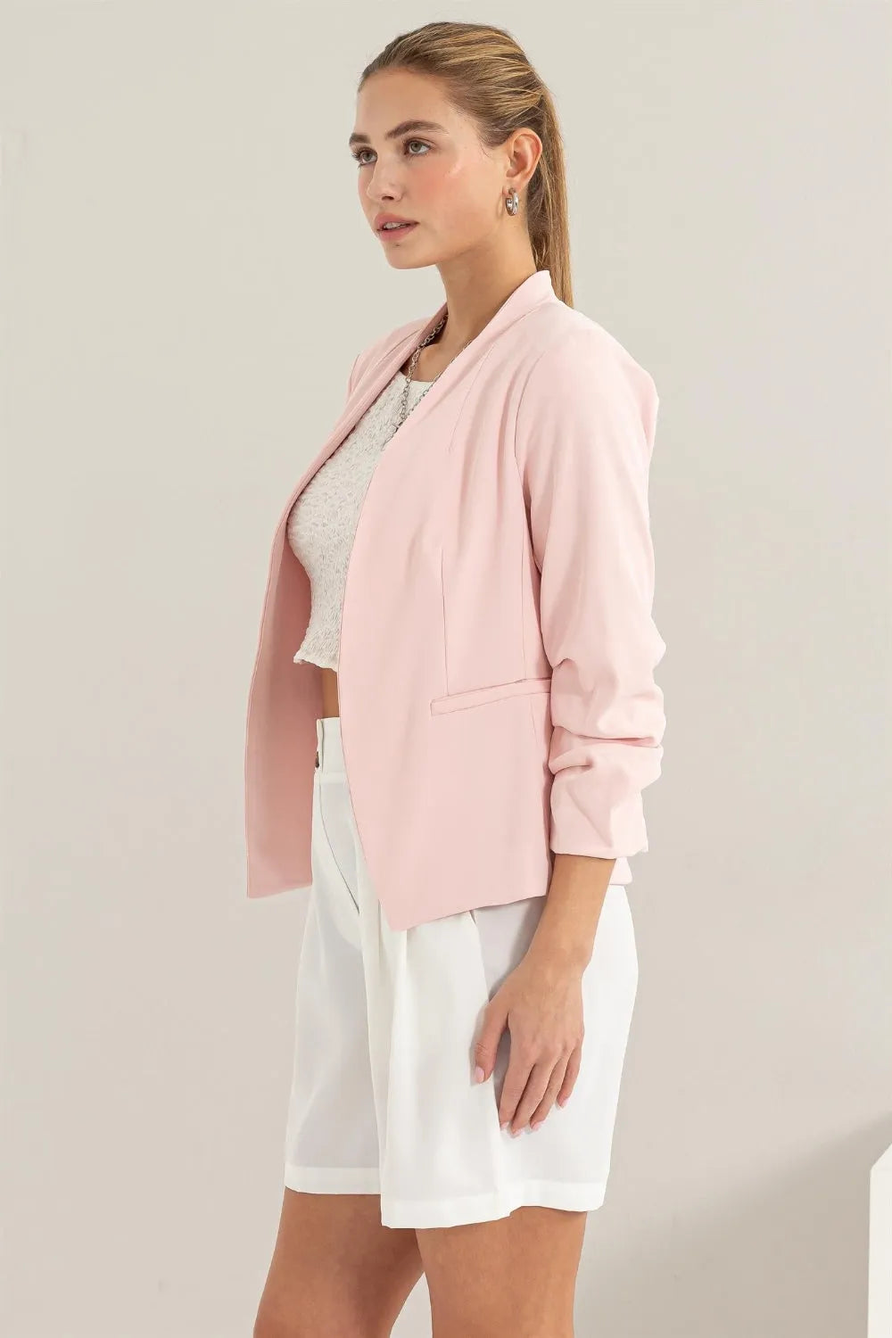 HYFVE Open Front Ruched Sleeve Blazer - Wellen Fashion