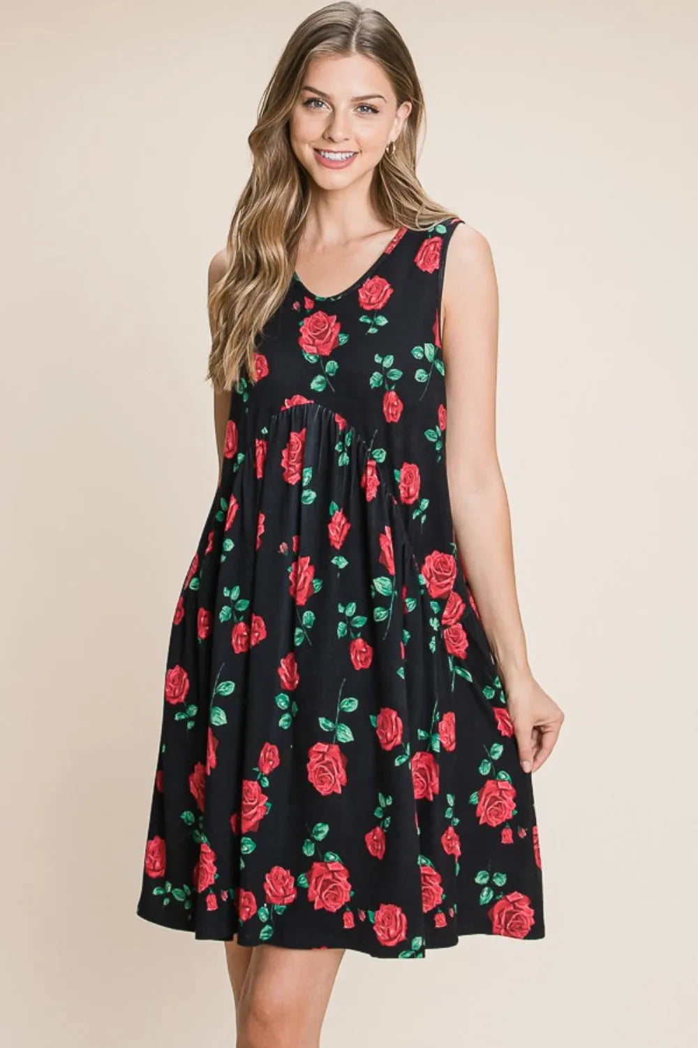 BOMBOM Floral Ruched Tank Dress - Wellen Fashion