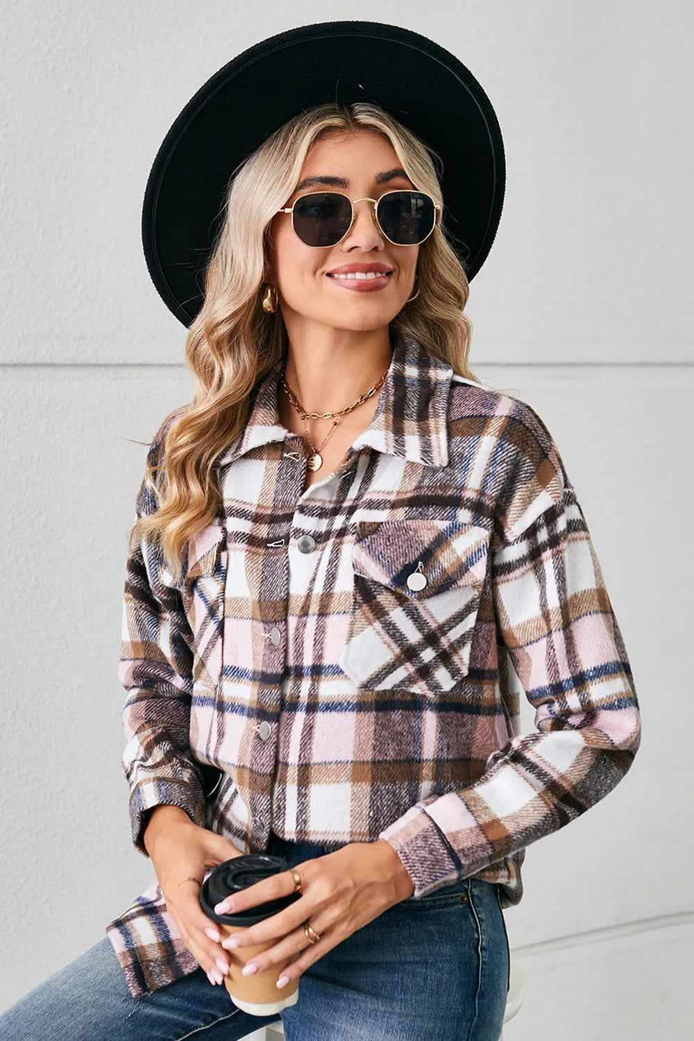 Collared Plaid Shacket - Wellen Fashion