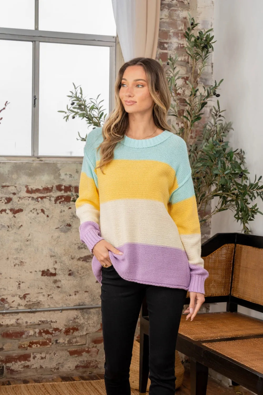 Sew In Love Full Size Color Block Exposed Seam Sweater - Wellen Fashion