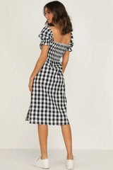 Full Size Slit Plaid Short Sleeve Midi Dress - Wellen Fashion