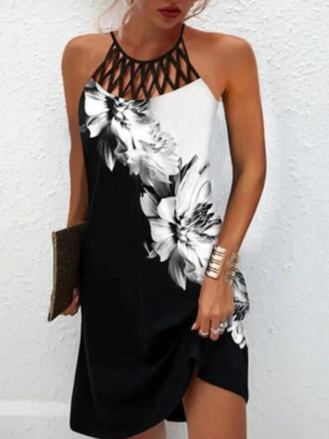 Printed Grecian Neck Mini Dress - Wellen Fashion