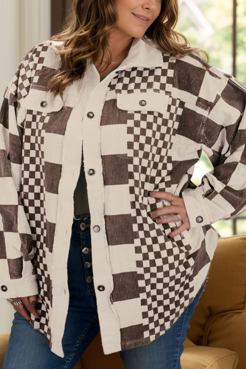 Plus Size Checkered Button Up Long Sleeve Jacket - Wellen Fashion