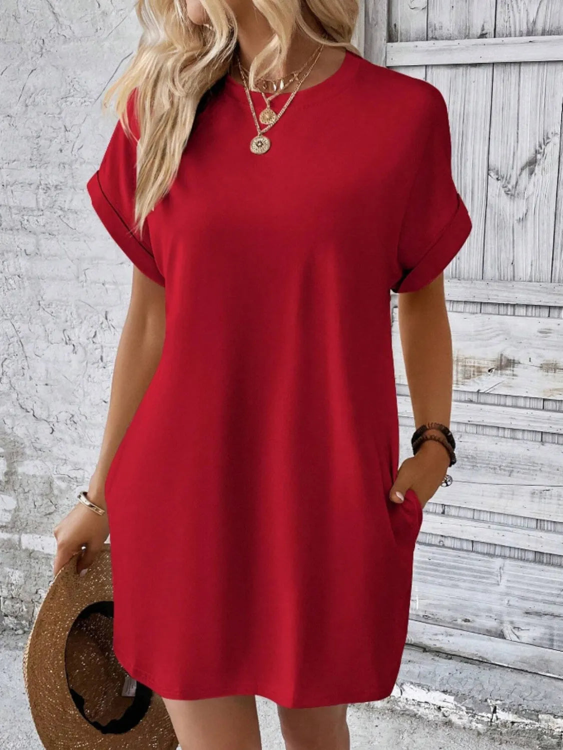 Pocketed Round Neck Short Sleeve Dress - Wellen Fashion