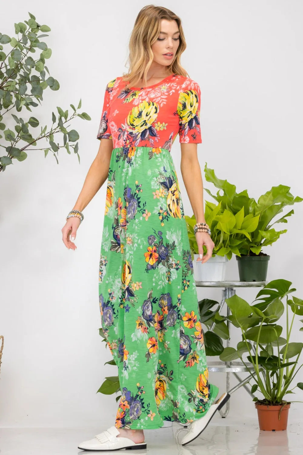 Celeste Full Size Printed Round Neck Short Sleeve Maxi Dress - Wellen Fashion