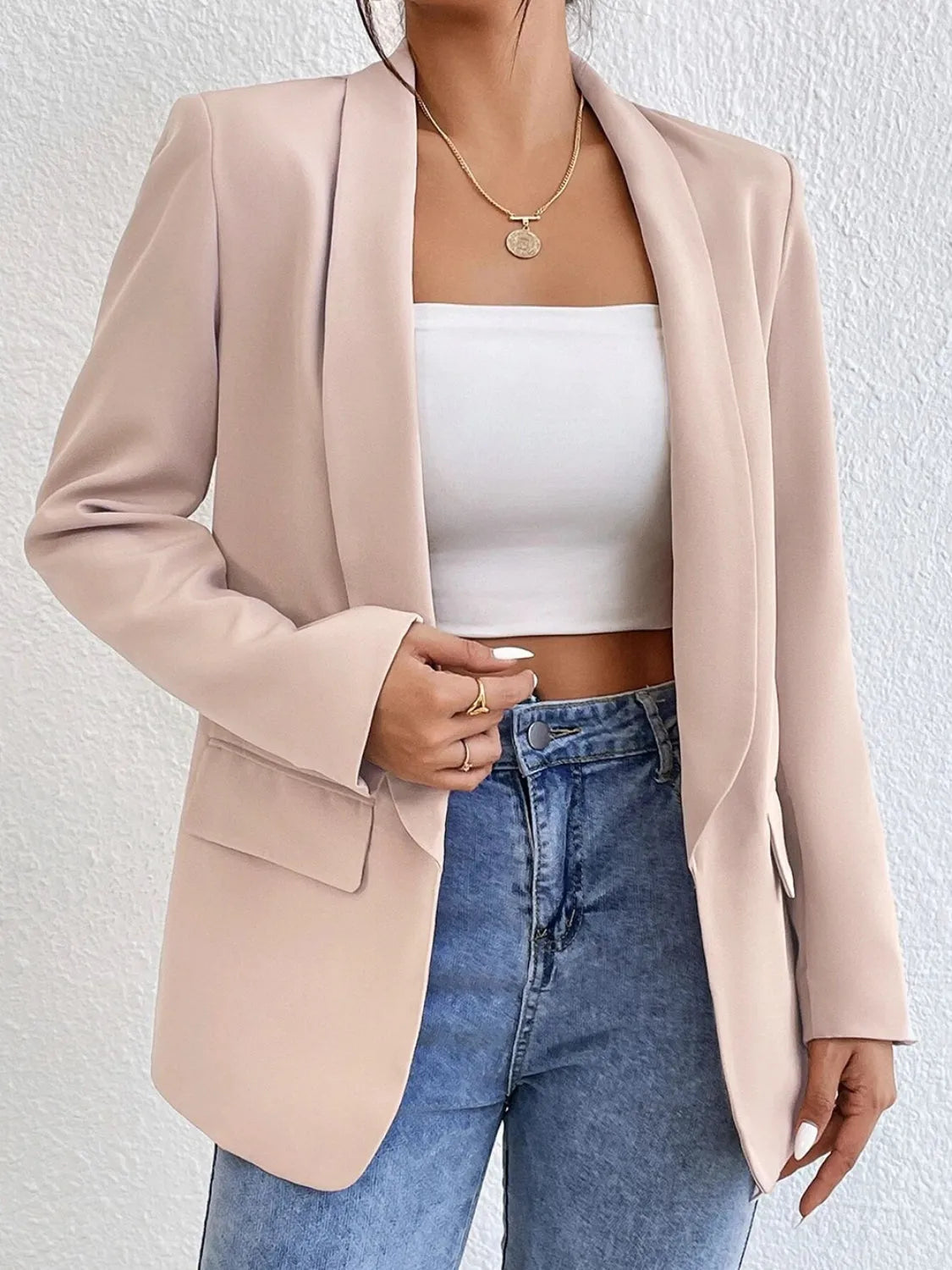 Shawl Collar Long Sleeve Blazer - Wellen Fashion