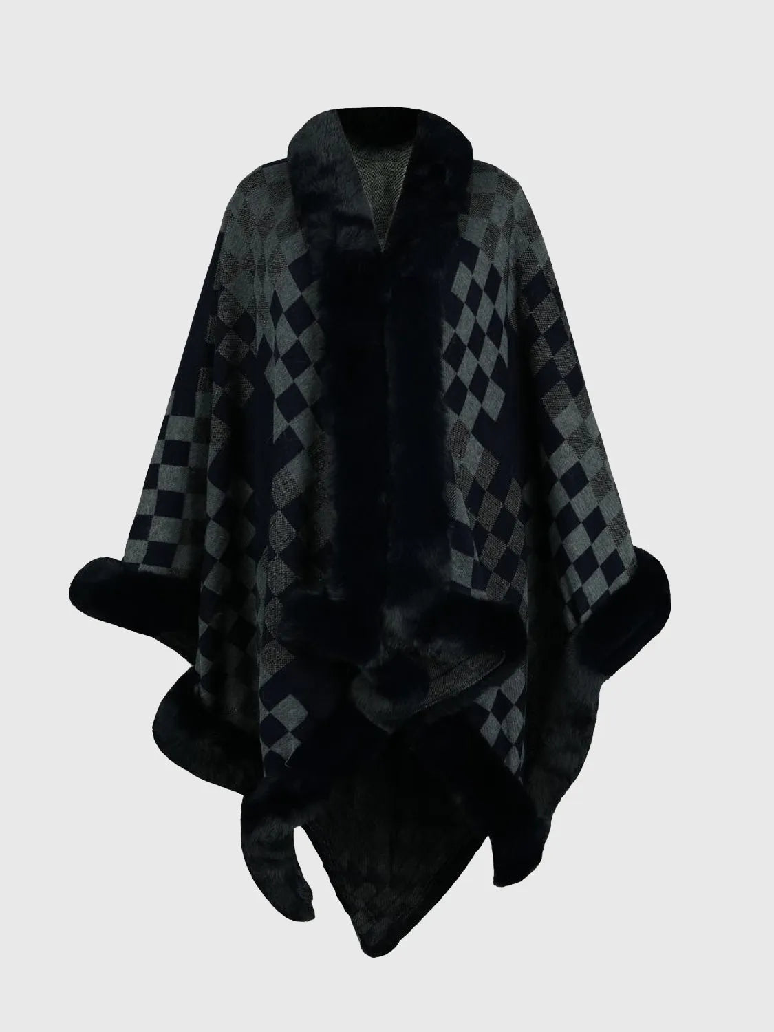 Checkered Faux Fur Trim Poncho - Wellen Fashion