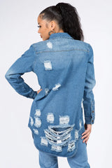 American Bazi Distressed Button Down Denim Shirt Jacket - Wellen Fashion