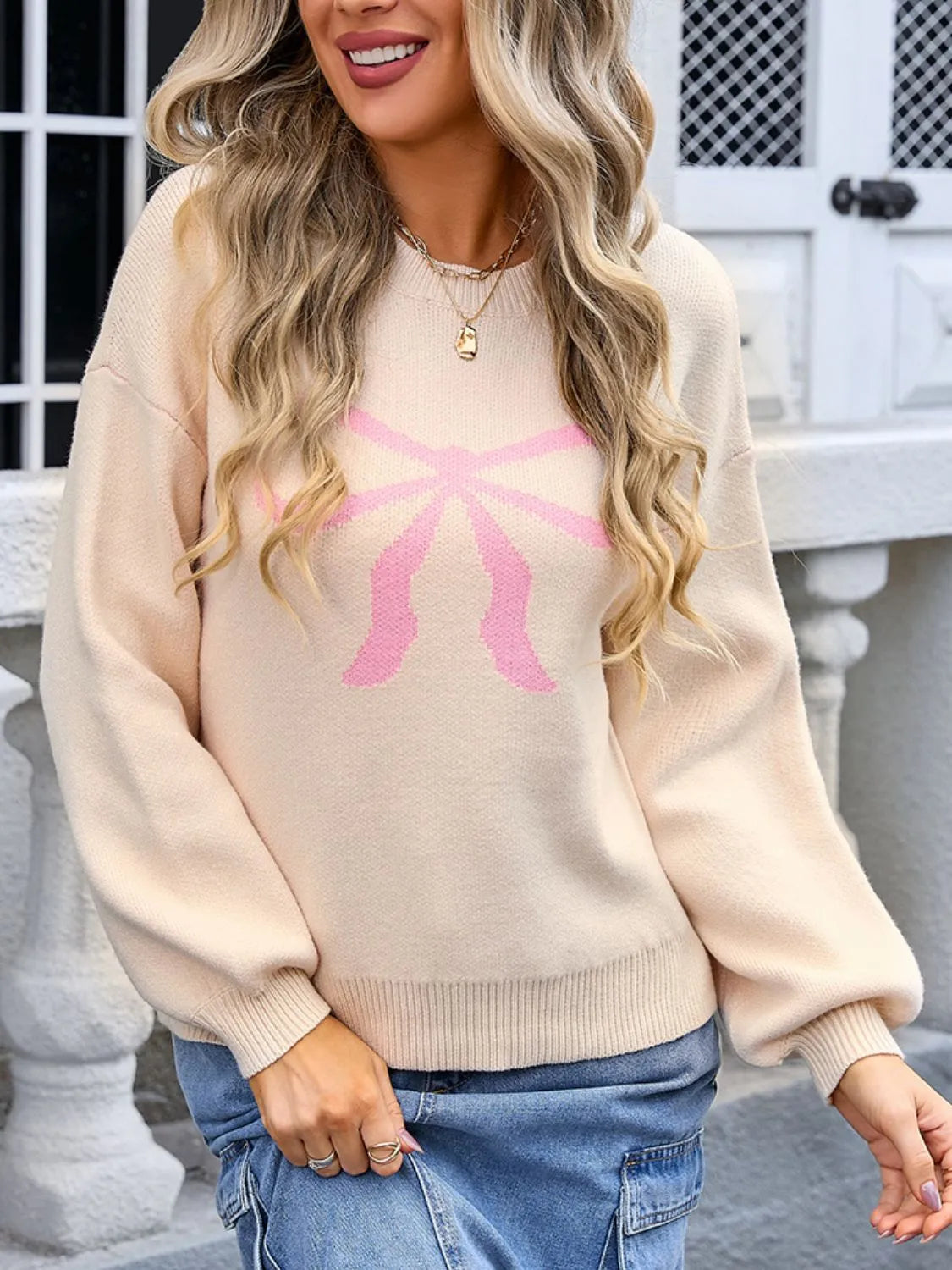 Bow Graphic Round Neck Long Sleeve Sweater - Wellen Fashion