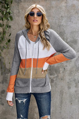 Zip-Up Raglan Sleeve Openwork Hooded Cardigan - Wellen Fashion