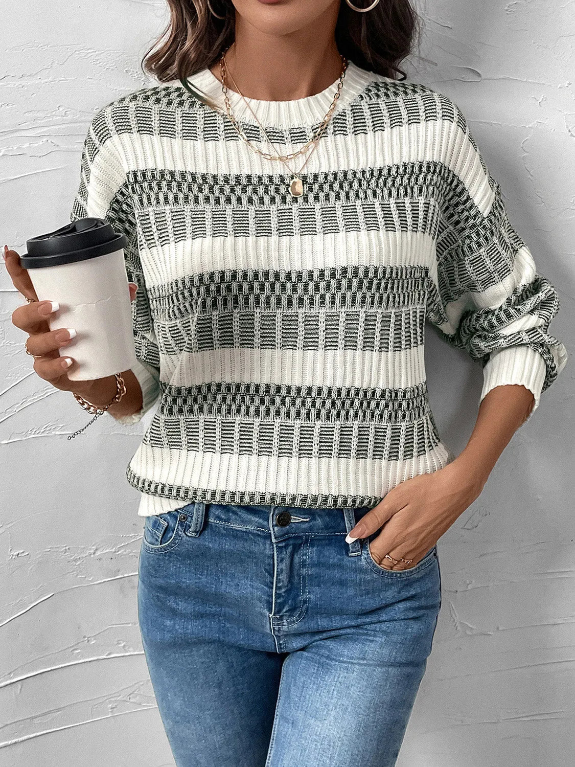 Perfee Contrast Round Neck Long Sleeve Sweater - Wellen Fashion