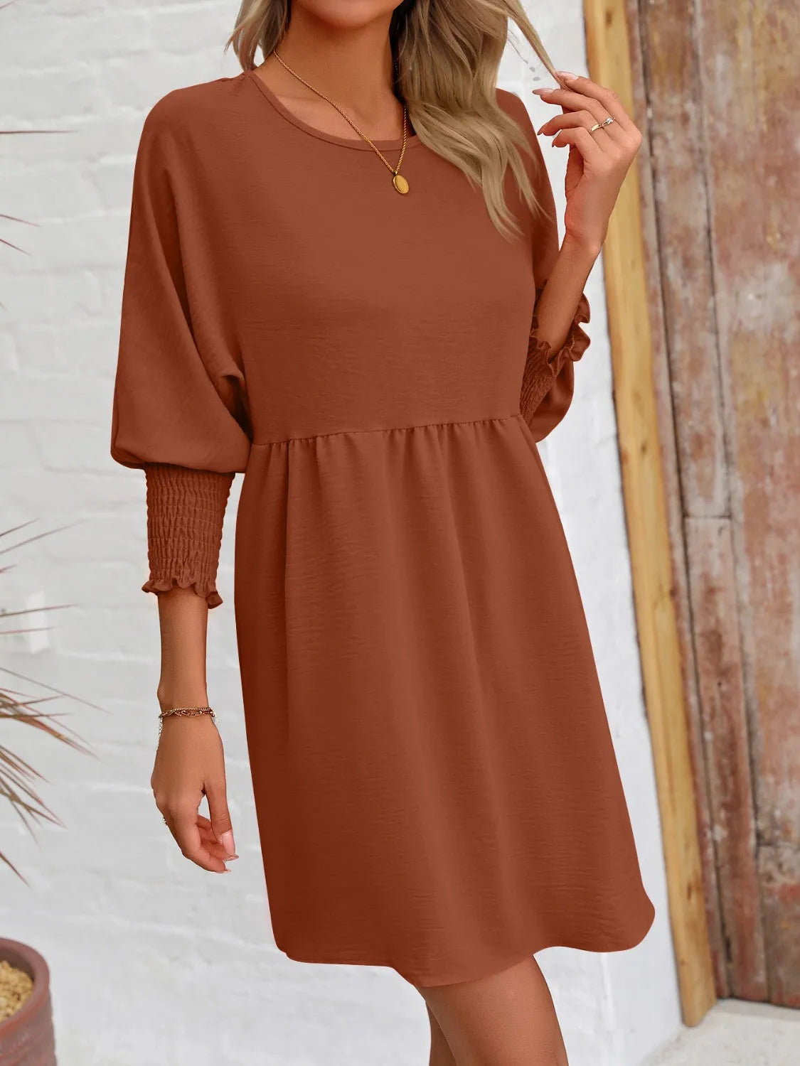 Round Neck Lantern Sleeve Mini Dress - Wellen Fashion