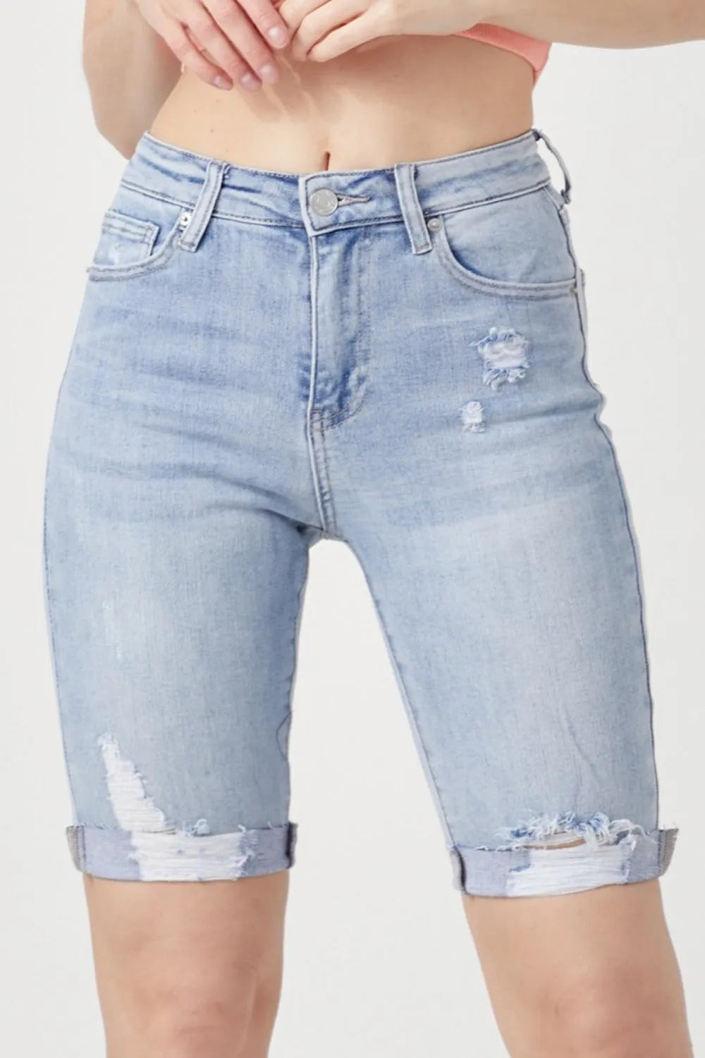 RISEN High Rise Distressed Denim Bermuda Shorts - Wellen Fashion