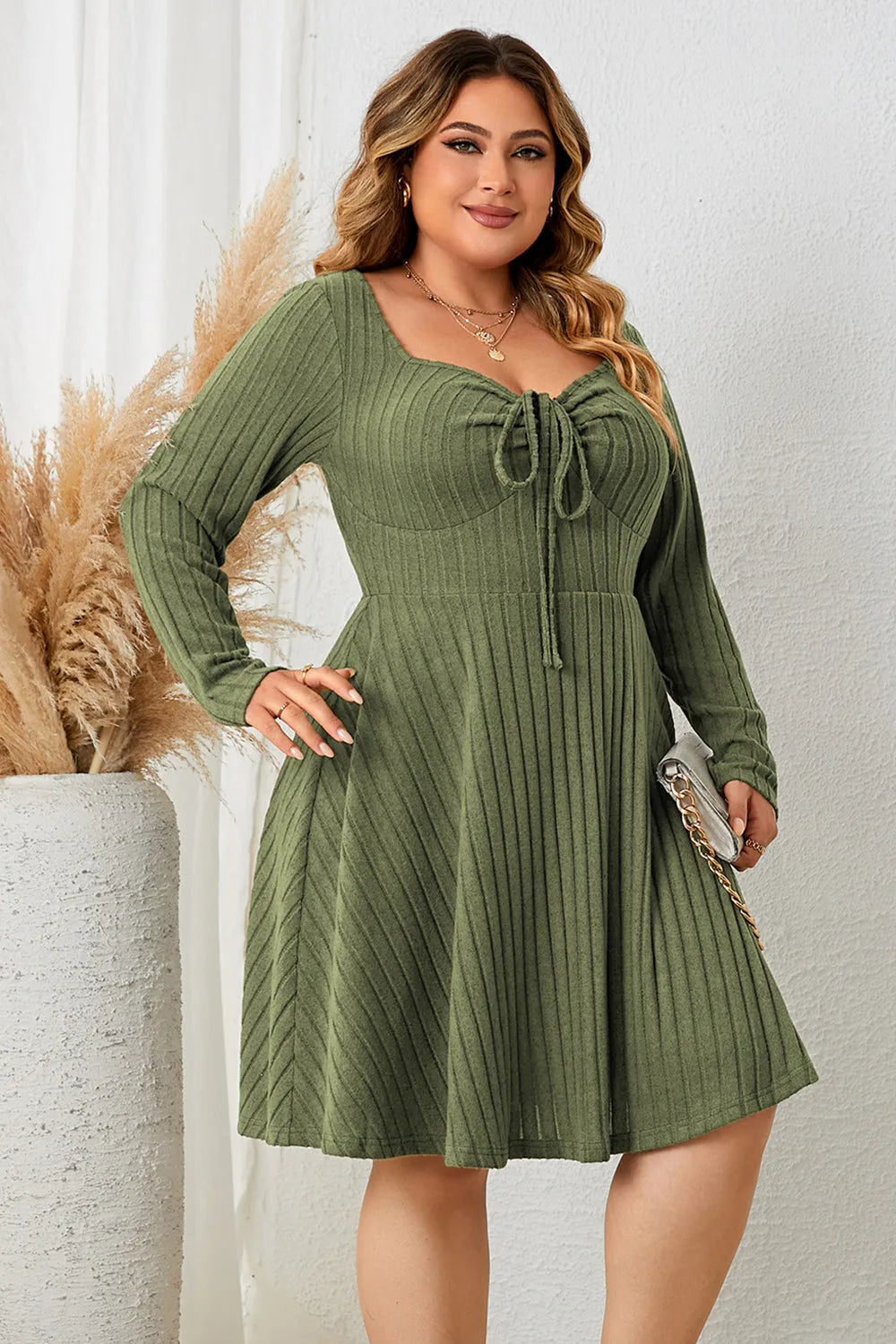 Honey Plus Size Sweetheart Neck Long Sleeve Ribbed Dress - Wellen Fashion