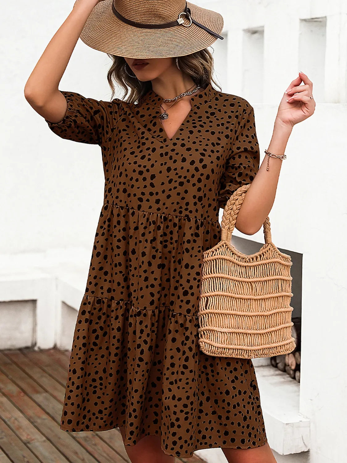 Printed Notched Half Sleeve Dress - Wellen Fashion