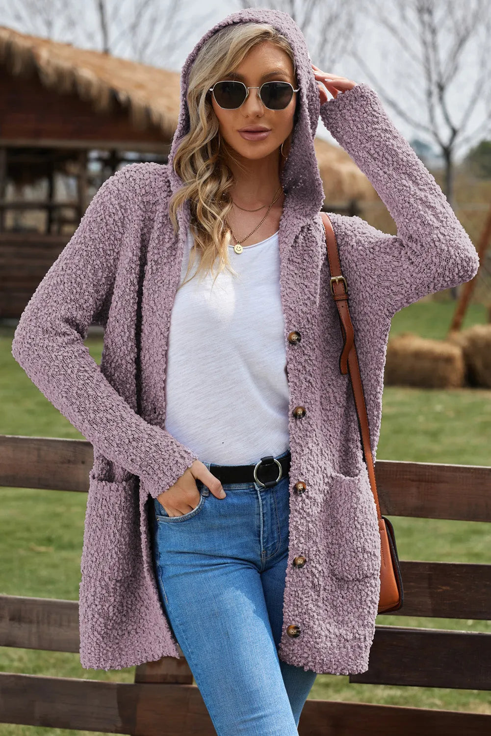 Double Take Popcorn-Knit Long Sleeve Hooded Cardigan - Wellen Fashion