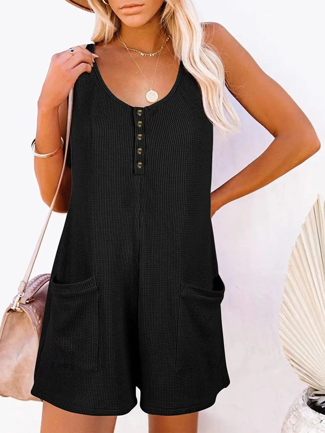 Full Size Pocketed Scoop Neck Sleeveless Romper - Wellen Fashion