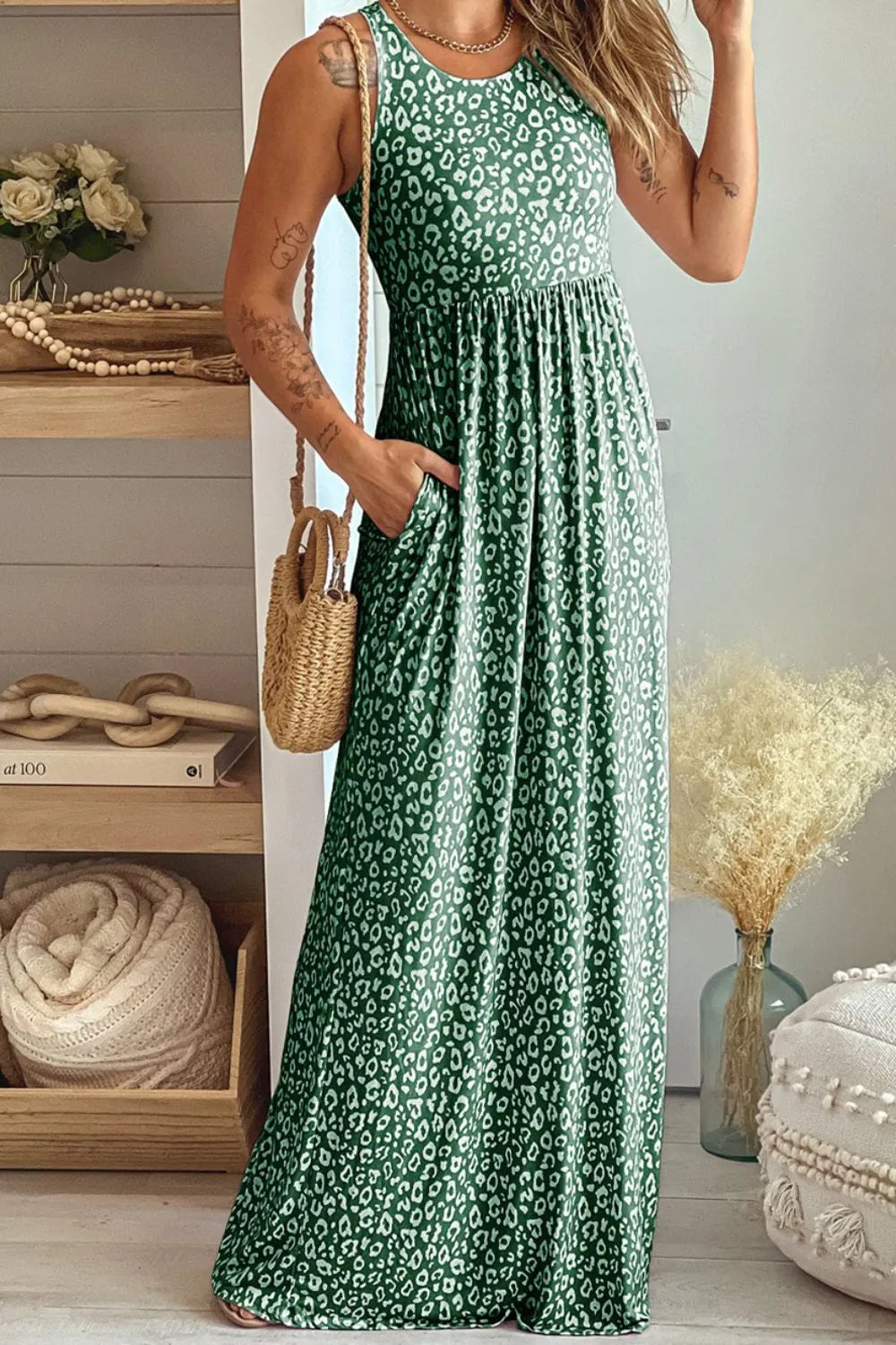 Leopard Round Neck Sleeveless Maxi Dress - Wellen Fashion