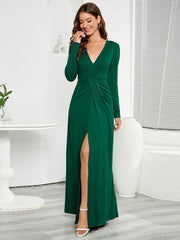 V-Neck Long Sleeve Split Dress - Wellen Fashion