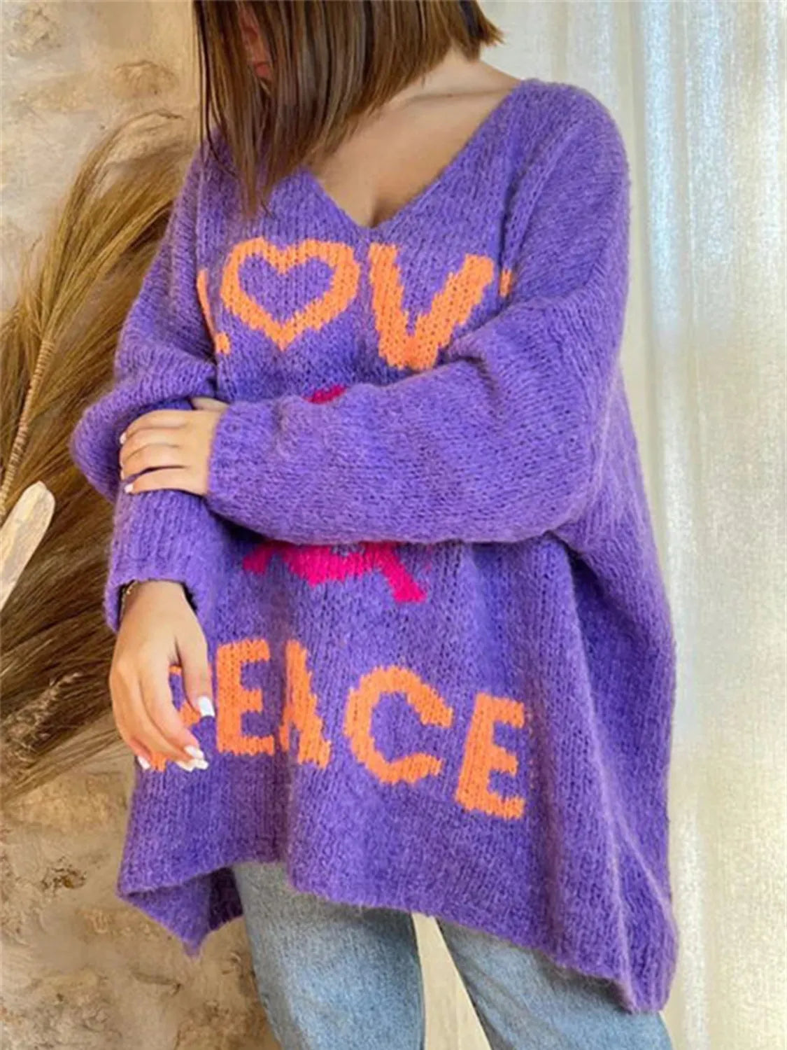 Peace Graphic V-Neck Long Sleeve Sweater - Wellen Fashion