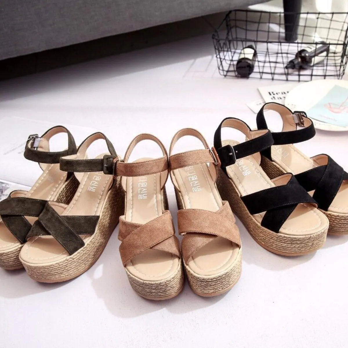 Crisscross Open Toe Wedge Sandals - Wellen Fashion