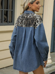 Leopard Button Up Long Sleeve Denim Jacket - Wellen Fashion