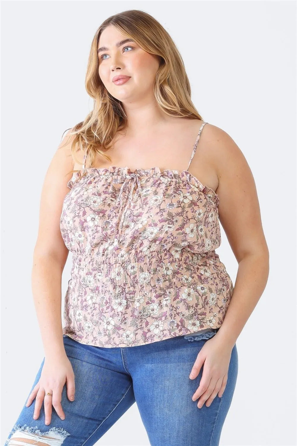 Zenobia Plus Size Frill Floral Square Neck Cami - Wellen Fashion