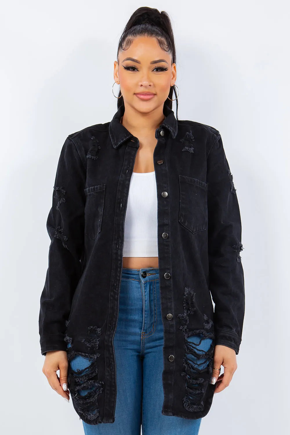 American Bazi Distressed Button Up Long Sleeve Denim Jacket - Wellen Fashion