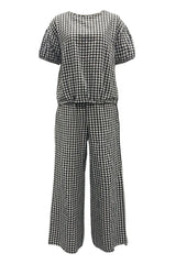 Full Size Plaid Round Neck Half Sleeve Top and Pants Set - Wellen Fashion