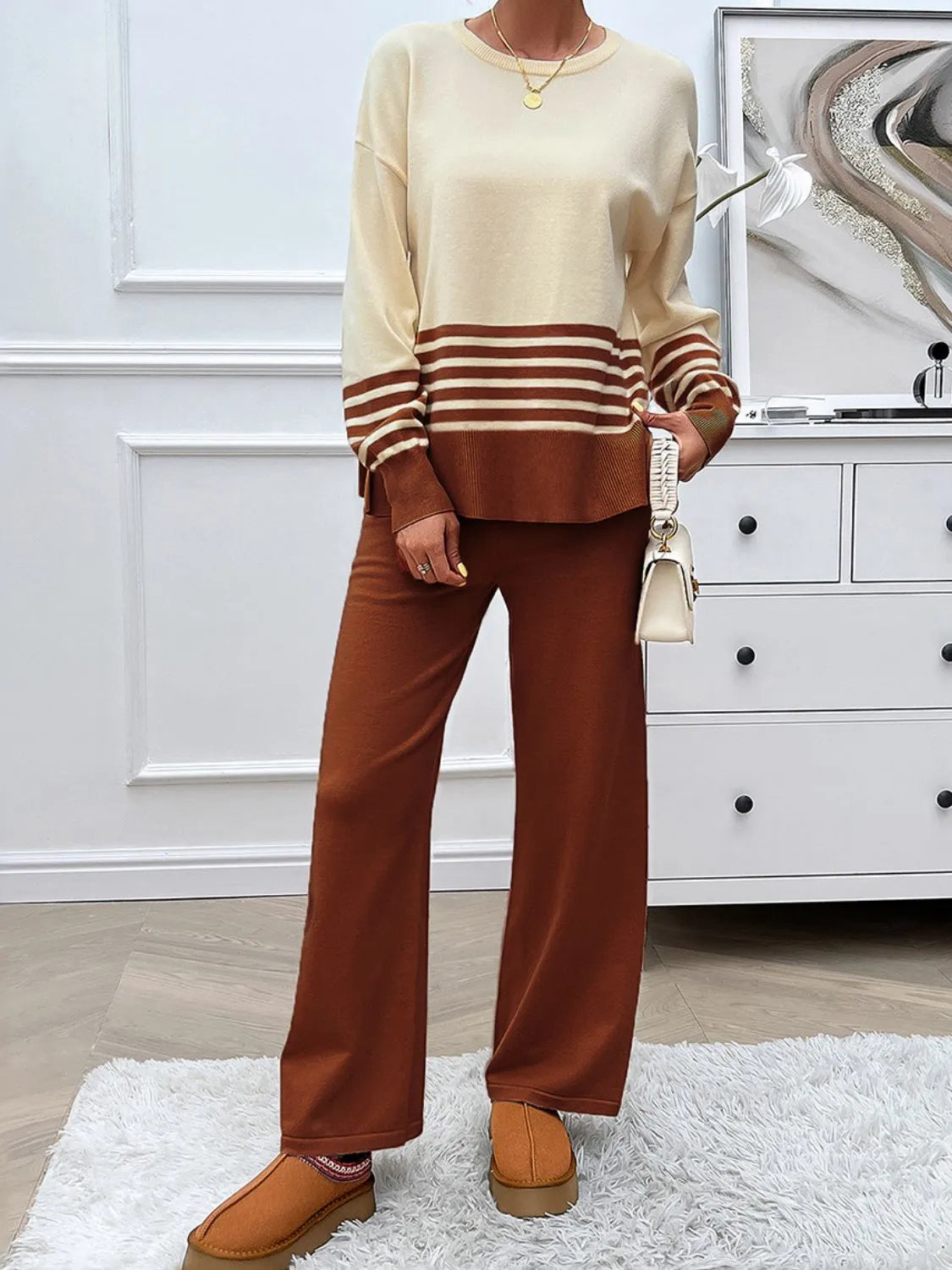 Devine Slit Striped Round Neck Top and Pants Sweater Set - Wellen Fashion