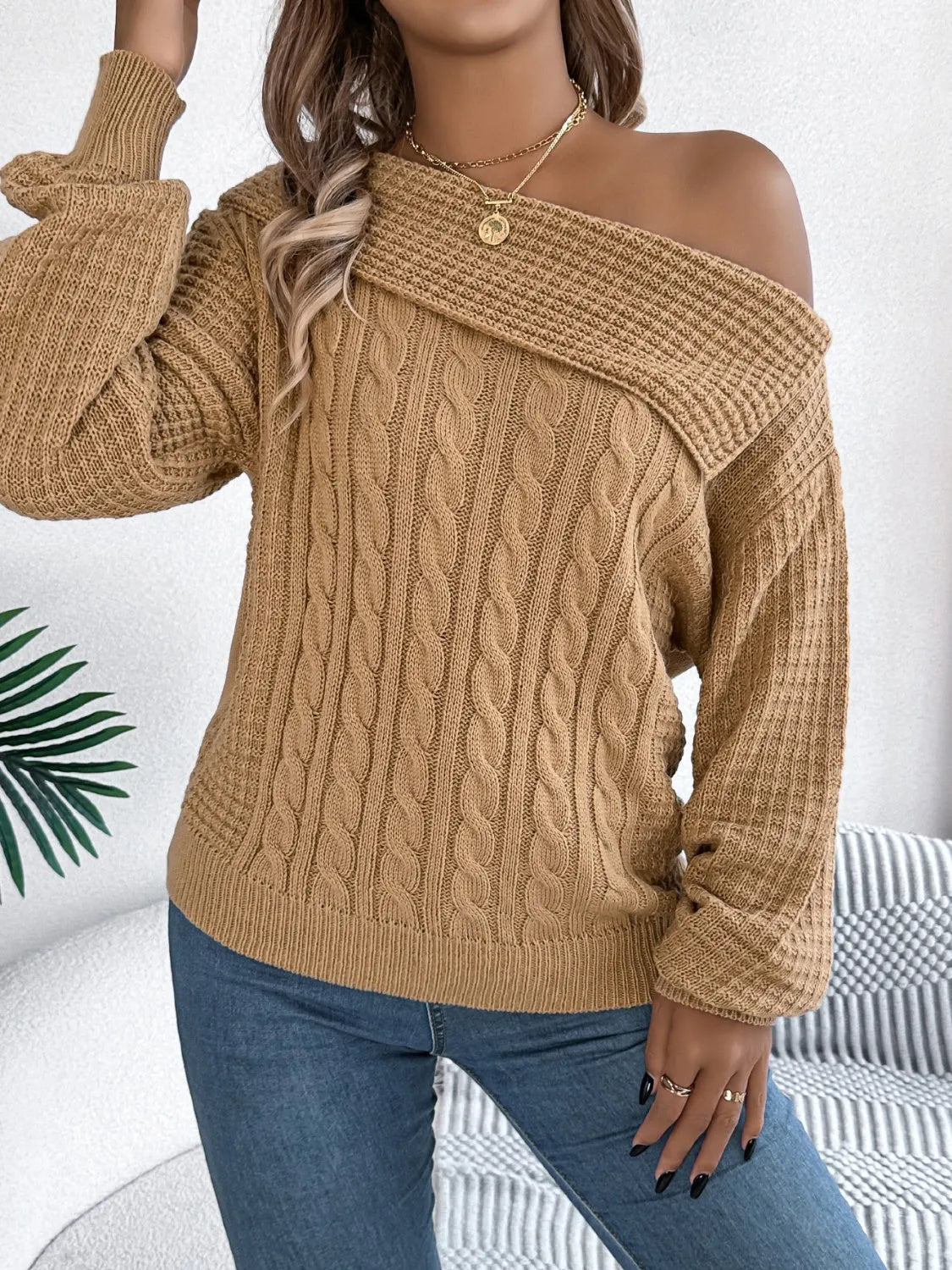 Cable-Knit One Shoulder Long Sleeve Sweater - Wellen Fashion