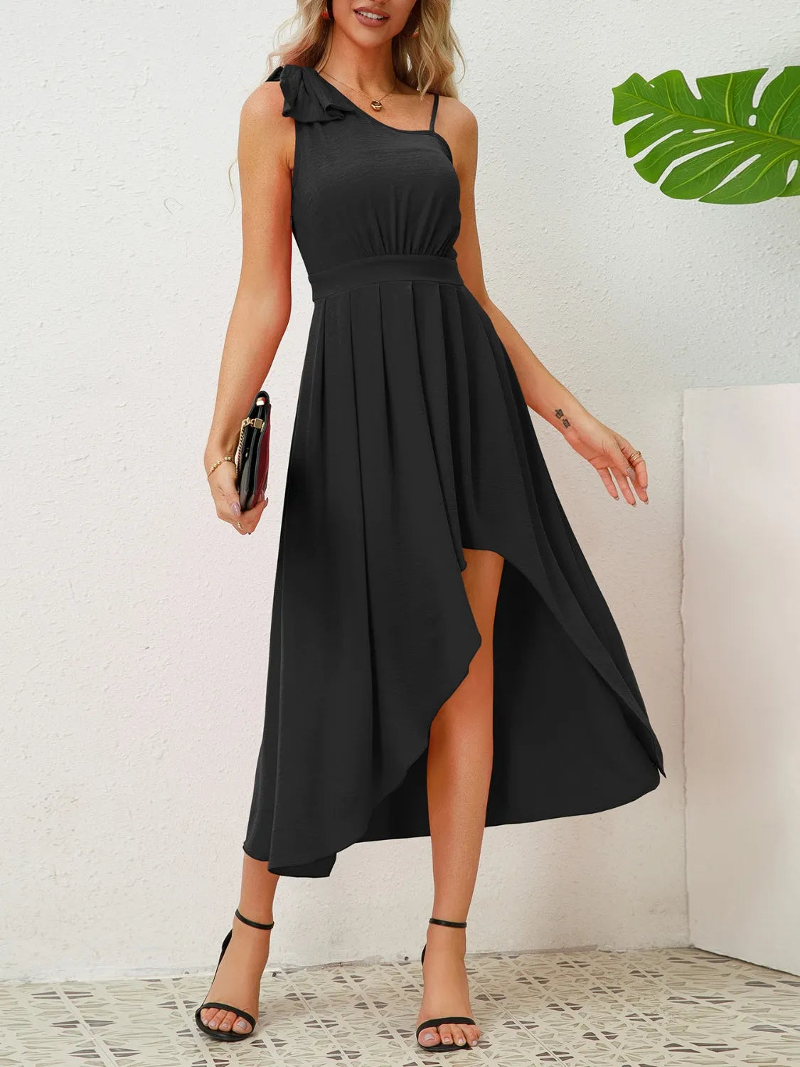 Bow Asymmetrical Neck Sleeveless Dress - Wellen Fashion