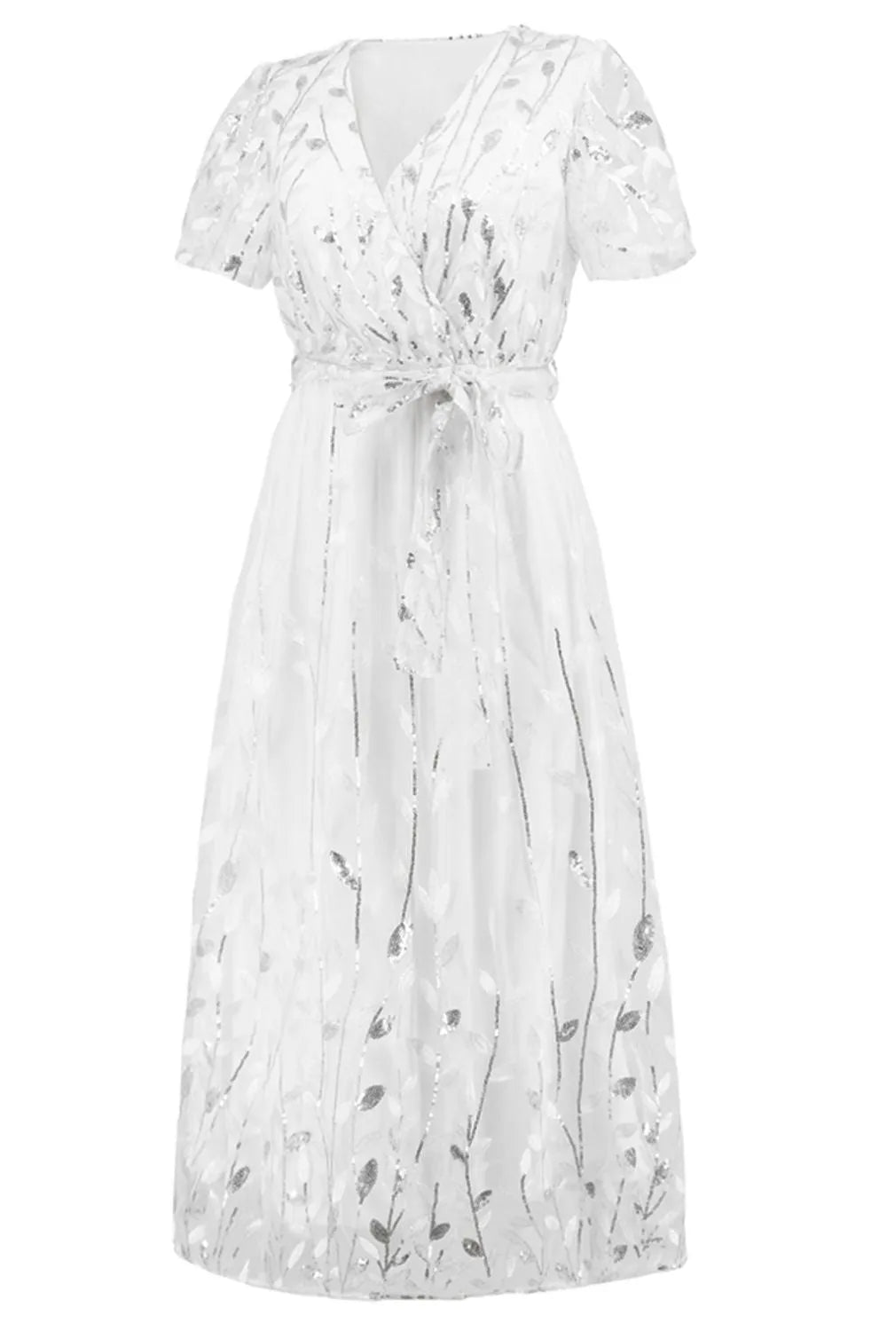 Sequin Leaf Embroidery Tie Front Short Sleeve Dress - Wellen Fashion