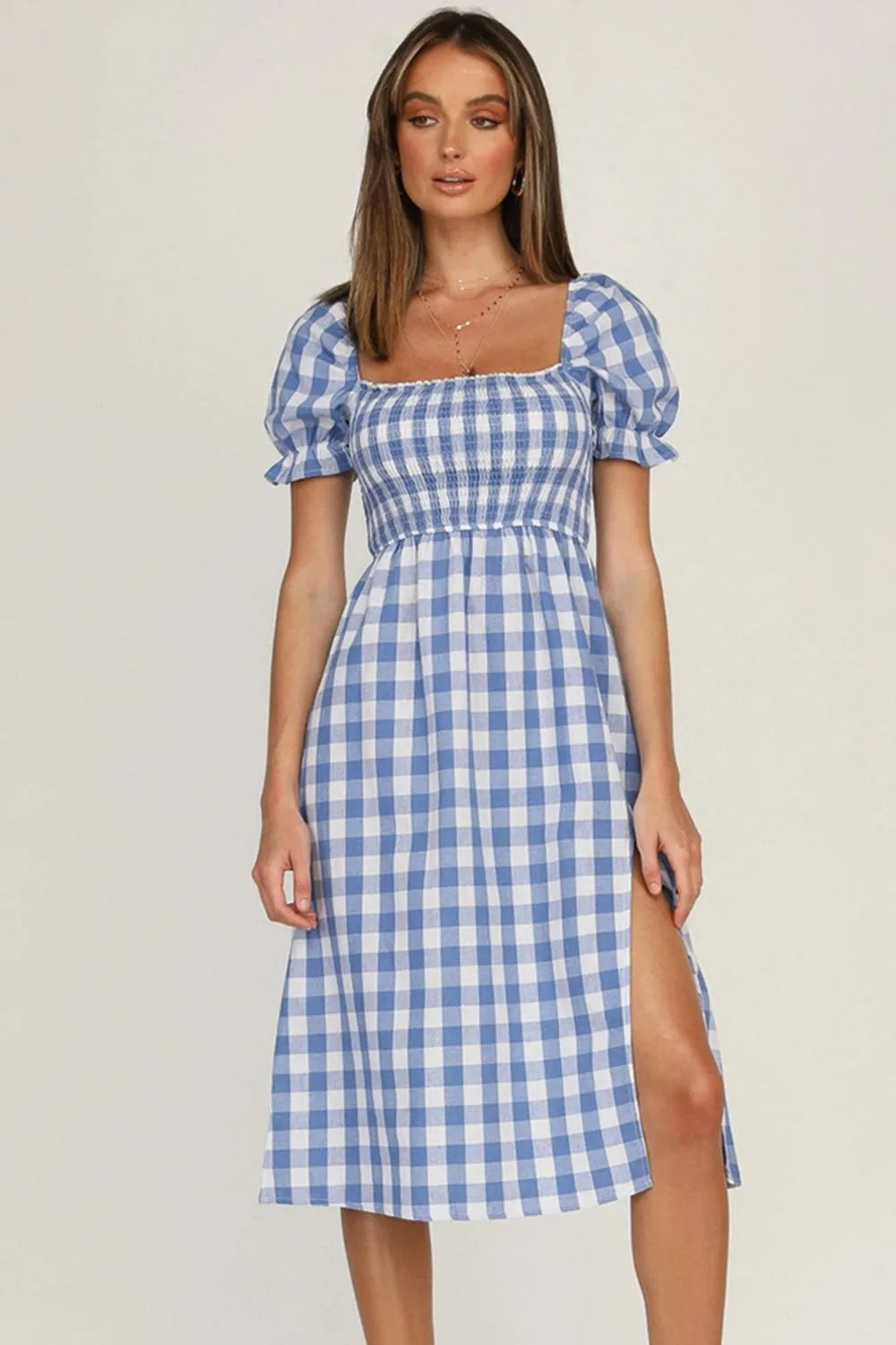 Full Size Slit Plaid Short Sleeve Midi Dress - Wellen Fashion