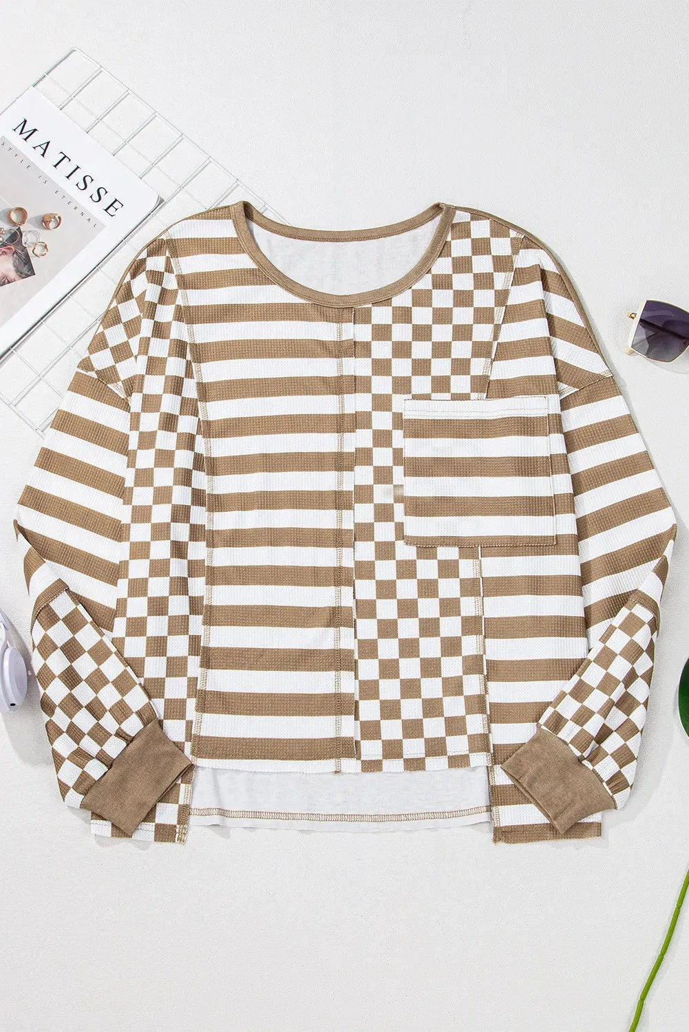 Checker & Stripes Round Neck Long Sleeve Blouse - Wellen Fashion