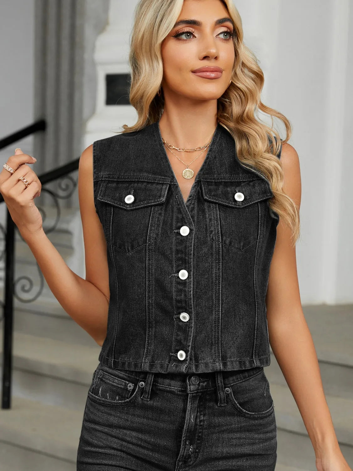 V-Neck Button Down Denim Vest - Wellen Fashion