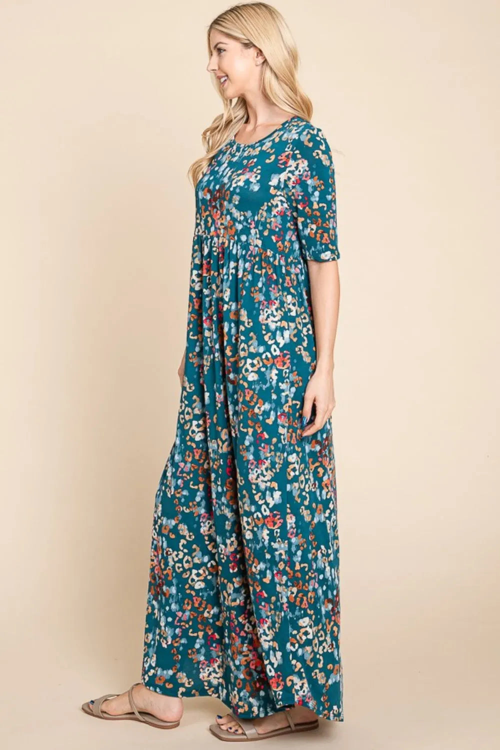 BOMBOM Printed Shirred Maxi Dress - Wellen Fashion