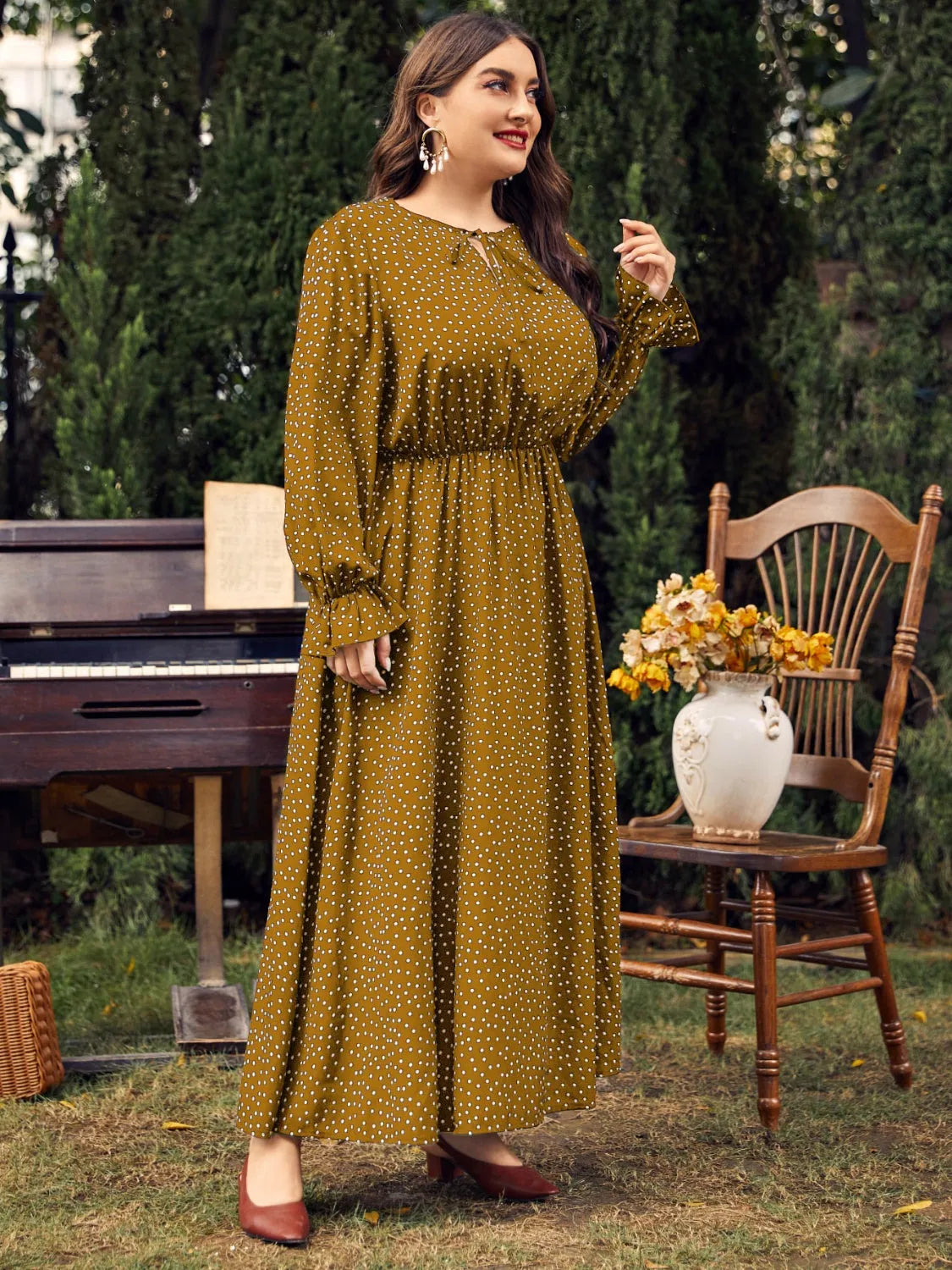 Honey Plus Size Ruffled Polka Dot Long Sleeve Midi Dress - Wellen Fashion