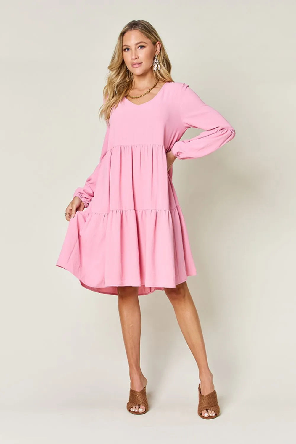 Double Take Full Size V-Neck Balloon Sleeve Tiered Dress with Pockets - Wellen Fashion