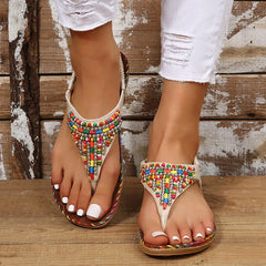 PU Leather Beaded Flat Sandals - Wellen Fashion