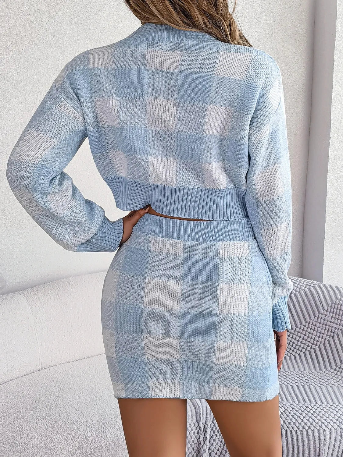 Plaid Round Neck Top and Skirt Sweater Set - Wellen Fashion