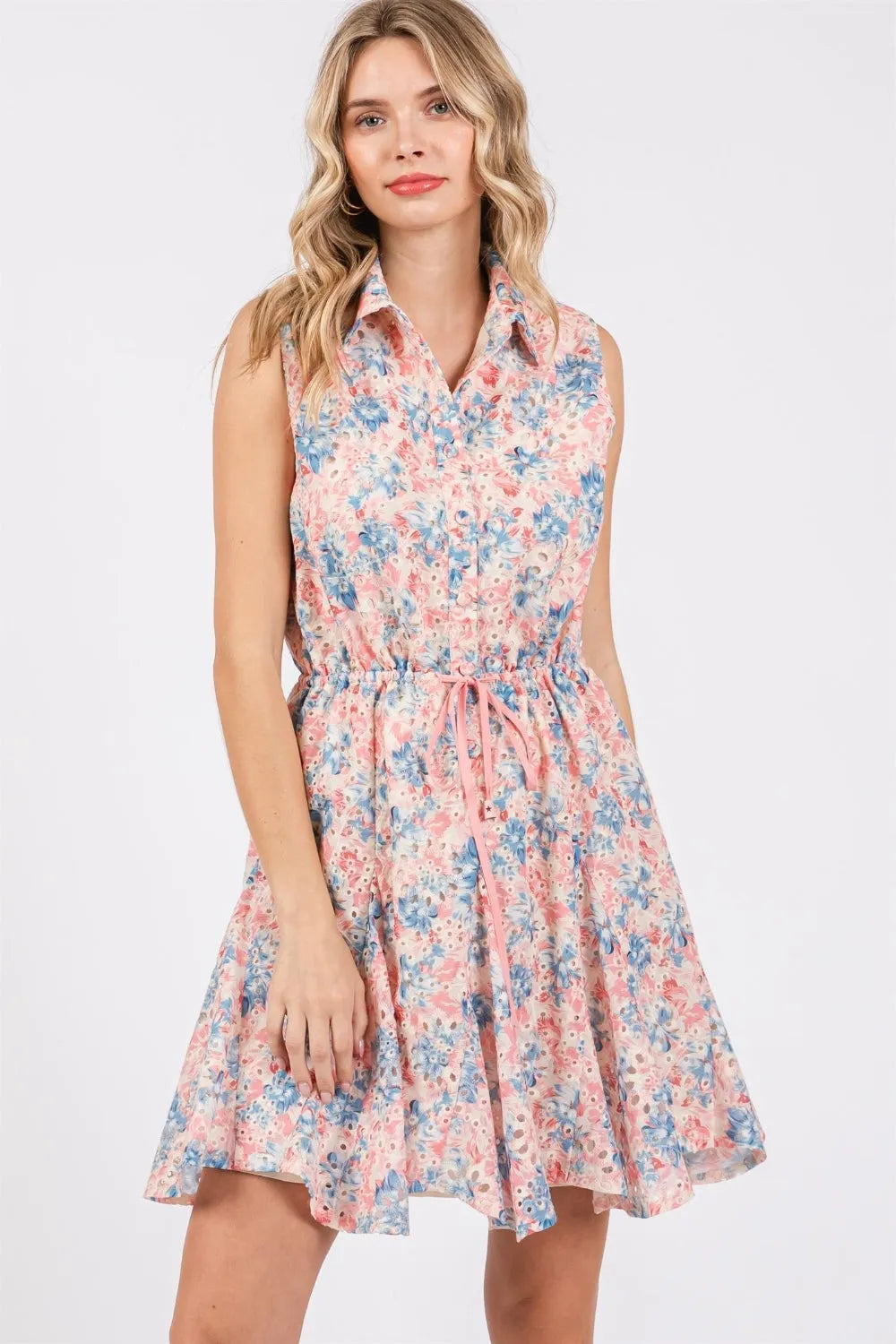 GeeGee Full Size Floral Eyelet Sleeveless Mini Dress - Wellen Fashion