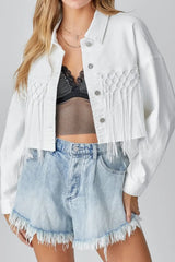 Tassel Sequin Letter Long Sleeve Denim Jacket - Wellen Fashion