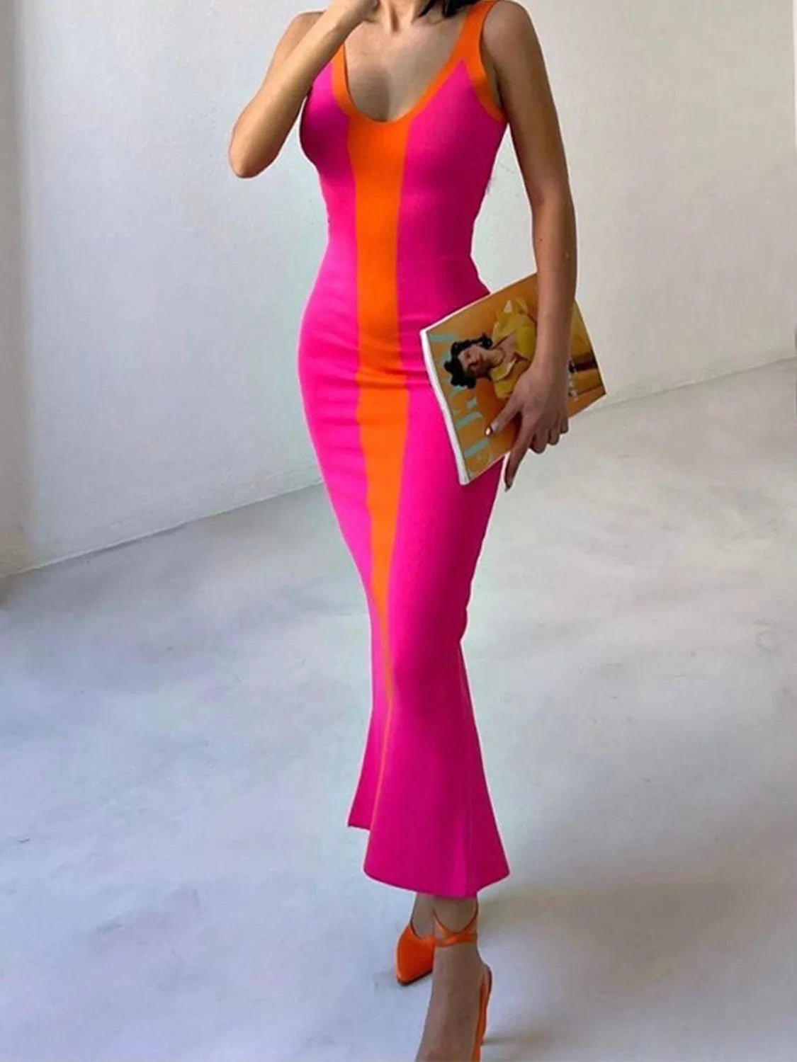 Contrast Wide Strap Slit Midi Dress - Wellen Fashion