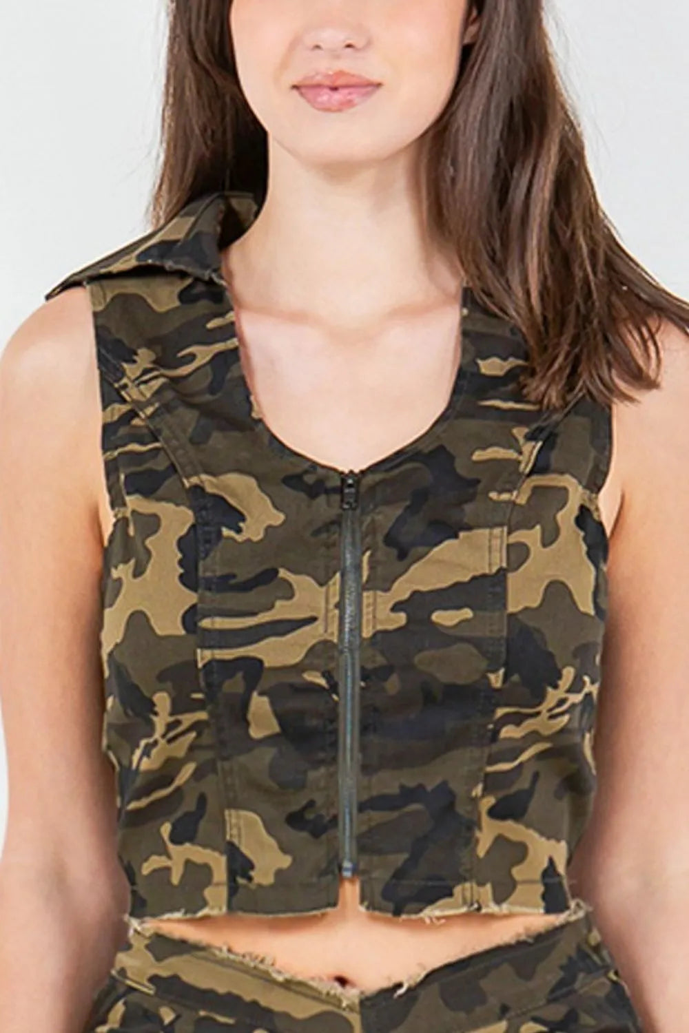 American Bazi Zip Up Camo Crop Denim Vest - Wellen Fashion